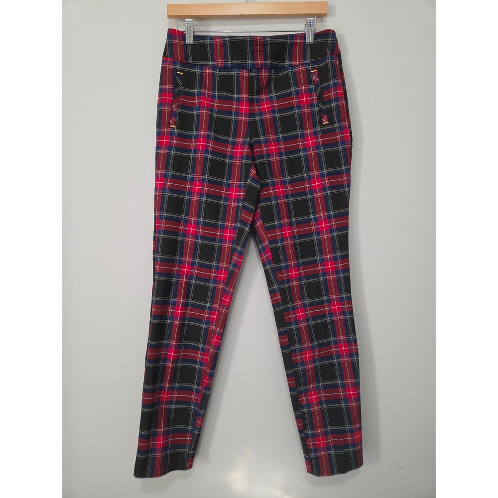 Cato Womens Red Plaid Mid Rise Slim Leg Trousers Size 8 Gold Hardware Accent